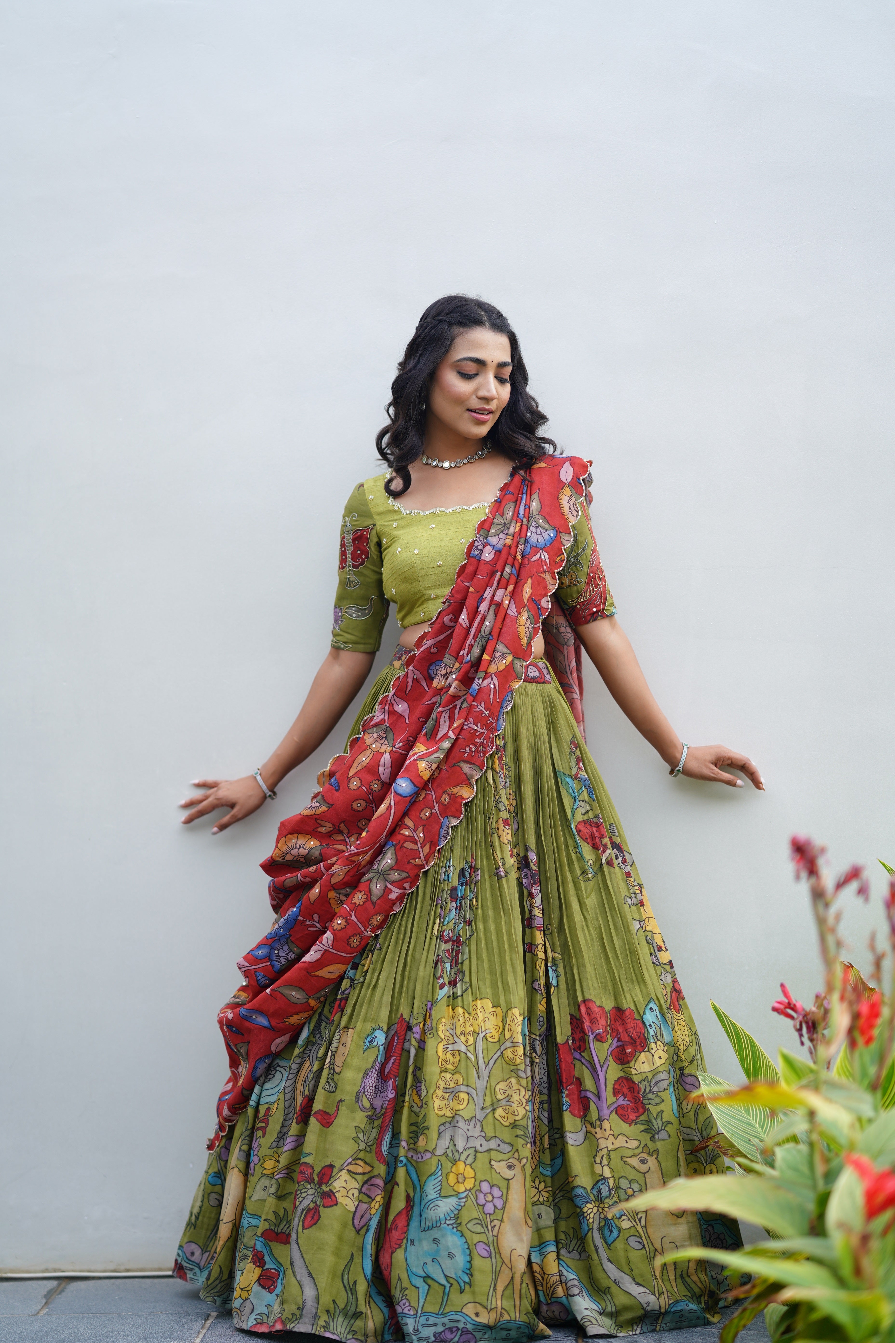 Green Kalamkari Silk Lehenga
