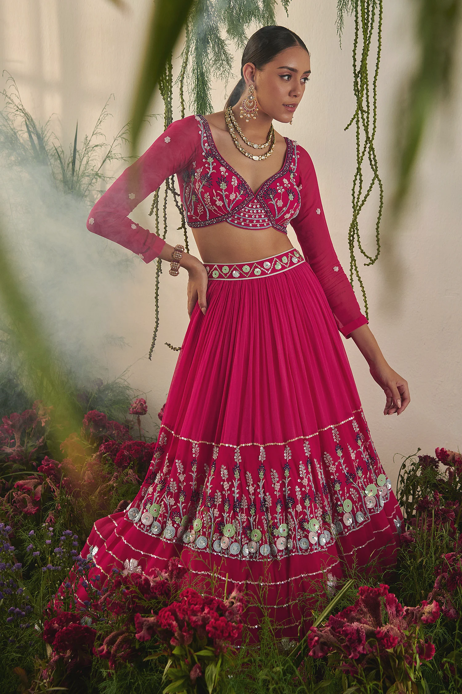 Carnation Sequin & Cutdana Embroidered Lehenga Set
