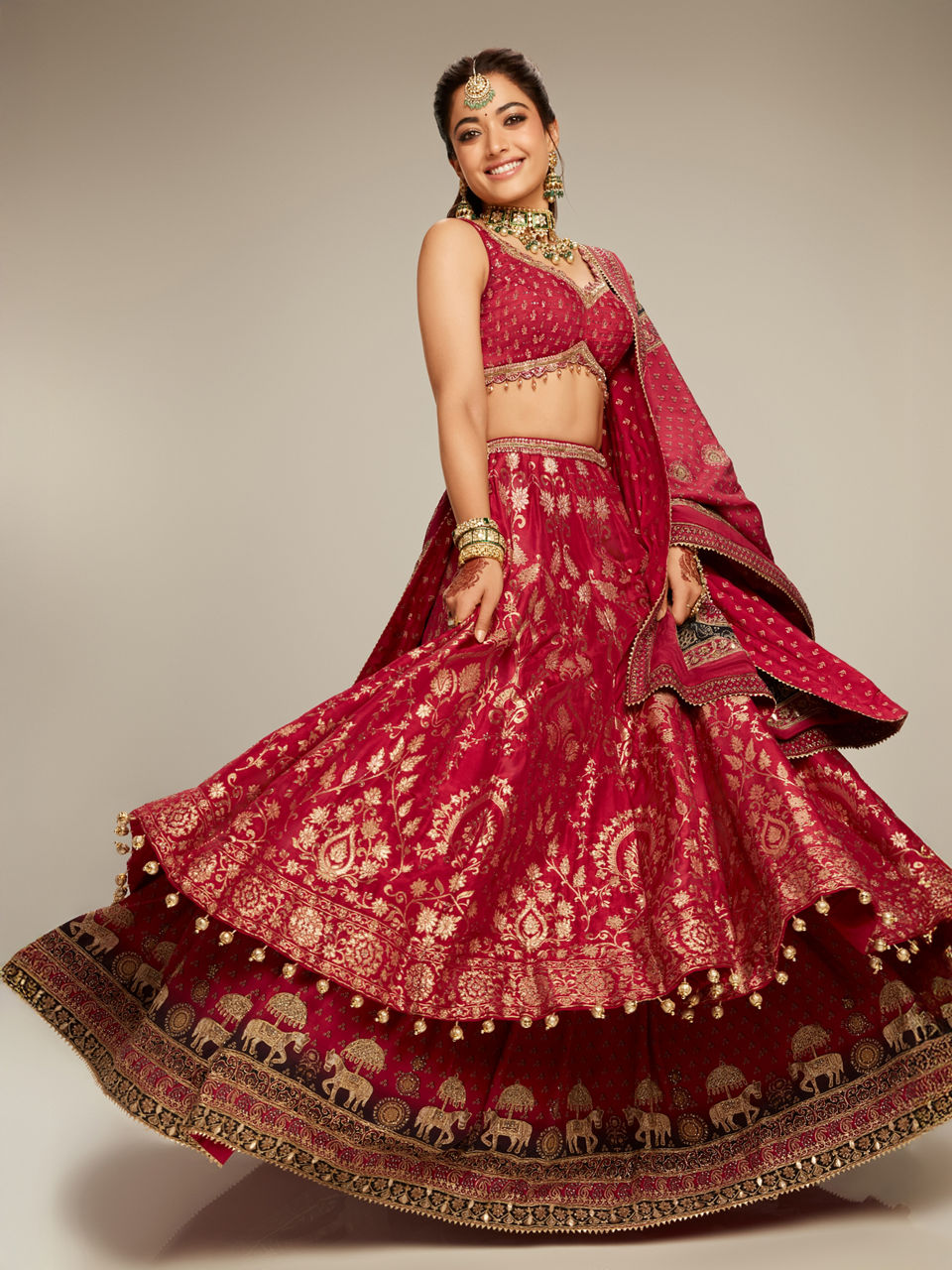 Rashmika Zari Embroidered Bridal Lehenga with Signature Elephant Border