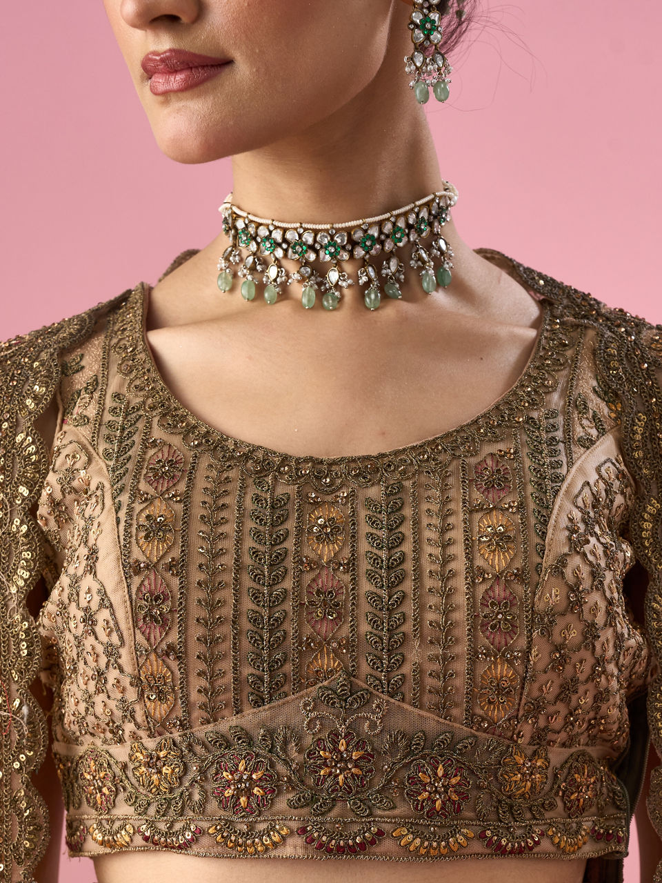 Fawn Net Bridal Lehenga with Sequin Work