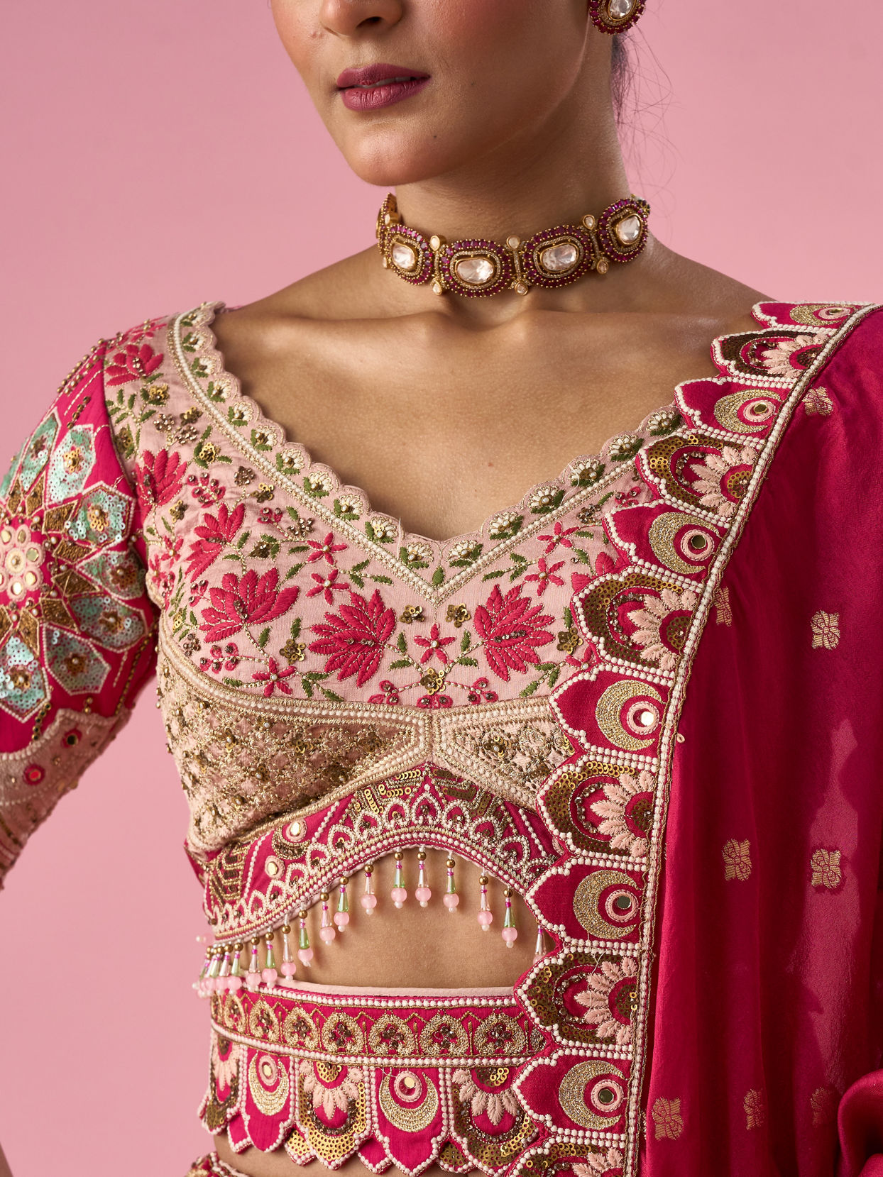 Pink Silk Lehenga with Mirror Work