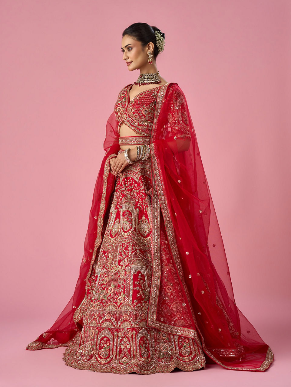 Red Silk Lehenga with Mirror Work