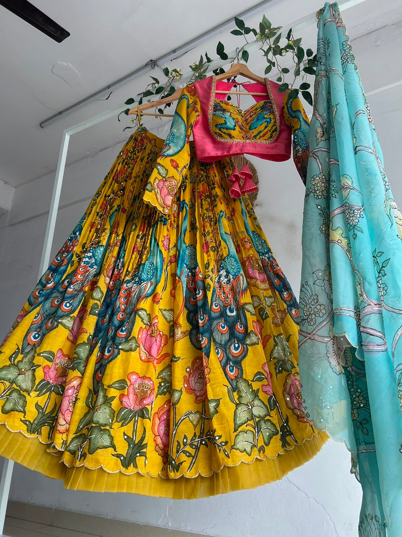Yellow Pen Kalamkari Lehenga